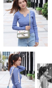 Detail of light green leather crossbody bag with colorful hot air balloon illustrations