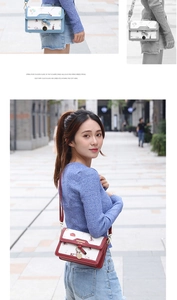 Detailed views of printed crossbody bags in red, blue, and grey with metal ring decor