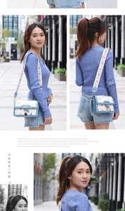 Detail of blue and white crossbody bag with cartoon illustrations and embroidered strap