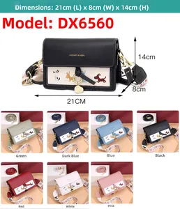 Detailed view of women's crossbody bags in seven colors with specific 21x8x14cm dimensions