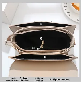 Vue intérieure d'un sac en similicuir beige avec 5 compartiments de rangement