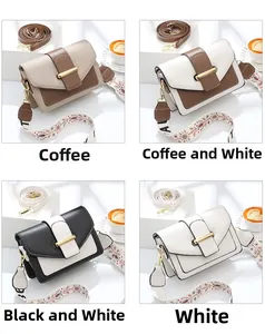 Détail de petits sacs bandoulière carrés en quatre coloris avec bandoulières brodées