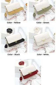 Détail de sac bandoulière avec fermoir trèfle, cinq couleurs et deux bandoulières