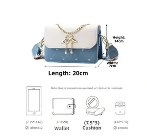 Detailed dimension chart for blue and white quilted crossbody bag measuring 20x7x14 cm