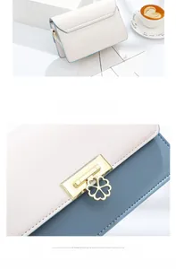 Détail d'un petit sac bandoulière avec fermoir en forme de trèfle et design bicolore élégant