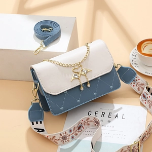 Women Fashion Color Block Small Square Bag Swan Metal Lock Heart Quilted Shoulder Crossbody Bag Wide Embroidered Strap