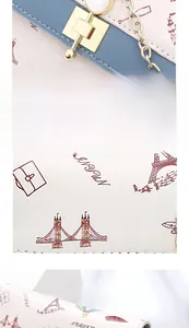 Detail of travel-themed illustrations with Eiffel Tower on a white and blue crossbody bag