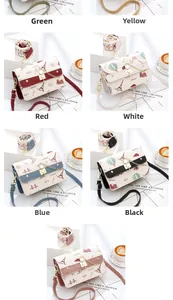 Collage of colorful cartoon print bags with gold locks and stylish pearl chain straps