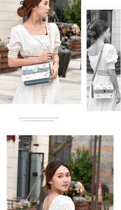 Detail of crossbody bag with city landmark prints and embroidered wide strap decor