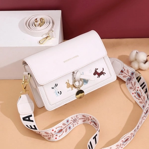 Sac Bandoulière Femme en Cuir PU avec Broderie de Chien Petit Sac Carré avec Large Sangle Ethnique Bloc de Couleur