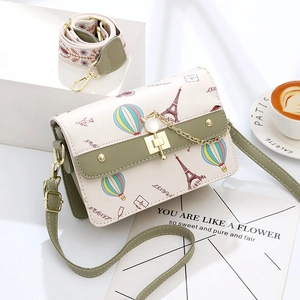 Women Crossbody Bag PU Leather Travel Theme Printing Interchangeable Straps Small Square Shoulder Purse Metal Cat Lock