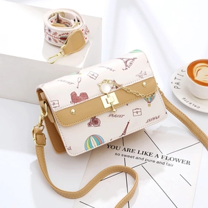 Sweet large capacity crossbody bag with travel theme prints and pearl chain decor