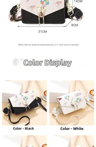 Detailed size guide showing dimensions 21x14x8cm for printed crossbody square bag