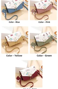 Detail of five colorful crossbody bags with cat-shaped metal clasps and pearl charms