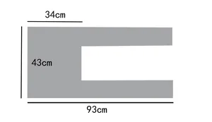 Guida alle taglie dettagliata con dimensioni di 93cm di lunghezza e 43cm di larghezza per lo scialle