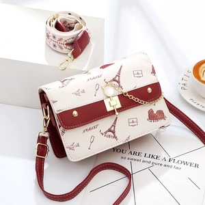 Sac bandoulière beige et bordeaux avec imprimé Tour Eiffel et deux bandoulières