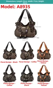 Detailed size chart for floral and checkered tote bags showing 33x17x25cm dimensions