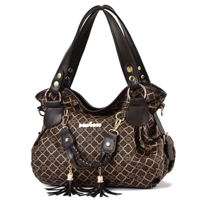 Brown monogram clover pattern large capacity handbag with leather tassels and gold hardware