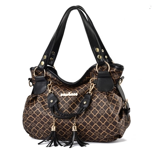 Classic coffee brown tote bag with vintage monogram patterns and gold hardware detail