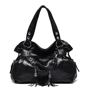 Women Handbag PU Leather Litchi Grain Large Capacity Tassel Woven Handle Tote Shoulder Bag Street Style Fashion