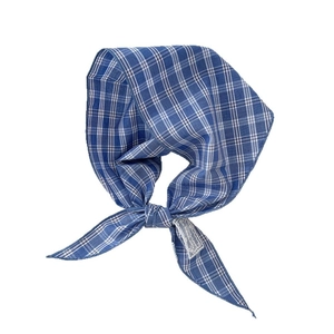Blue and white checkered cotton linen neck scarf with decorative lace label detail
