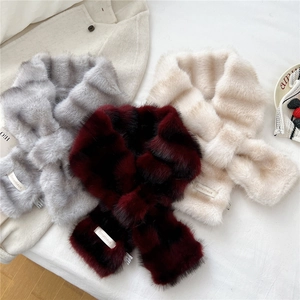 Soft striped plush faux fur scarf for women in grey, red and cream white colors