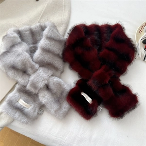 Soft striped plush scarves in grey and burgundy with a stylish cross-buckle design