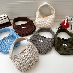 Knitted Handbag Crochet Bucket Tote Bag Solid Color Casual Purse With Wooden Button For Women Student Daily Style