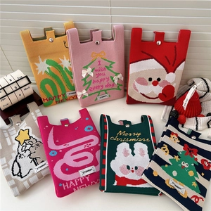 Knitted Mini Crossbody Phone Bag Cute Cartoon Pattern Christmas New Year Gift Shoulder Strap Small Pouch
