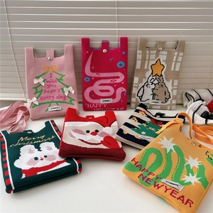 Cute cartoon knitted mini crossbody phone bag with festive patterns and shoulder strap