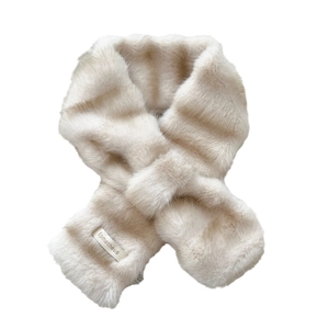 Soft faux fur striped scarf in cream white with convenient cross-slot design for women