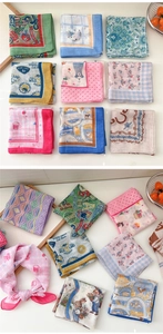 Collage showing various floral and vintage printed cotton linen square scarves with neat stitching