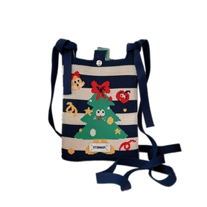 Cute knitted mini crossbody phone bag with navy stripes and Christmas tree pattern