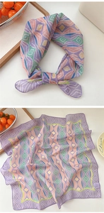 Detailed views of cotton-linen square scarf featuring colorful geometric bohemian patterns
