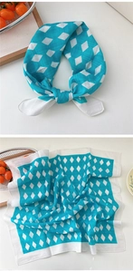 Detail of turquoise and white checkered scarf showing tied style and flat layout views
