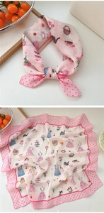 Detailed pattern of pink linen square scarf with cute black cats and strawberry prints