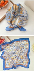 Detail of outdoor camping themed square scarf with premium linen texture and rolled edges
