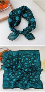 Detail of dark green cotton linen square scarf with blue floral prints and dots