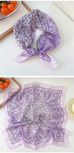 Detail of light purple floral and paisley cotton linen square scarf with fine hemmed edges