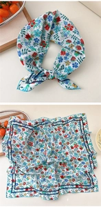 Floral cotton linen square scarf with red and blue flower prints and navy blue border details