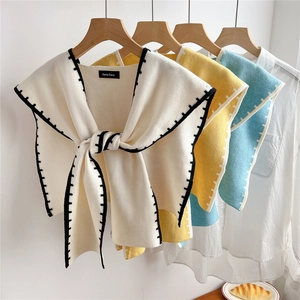 Knitted Shawl Fake Collar Women Contrast Stitching Tie Front Decorative Shoulder Wrap Chic Versatile Accessory