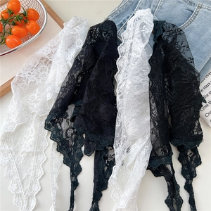 Elegant lace triangle headscarf in black and white with delicate floral lace embroidery