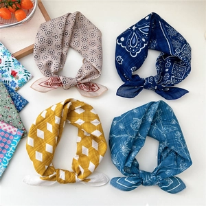Chic cotton linen square scarves with geometric patterns and floral prints for women