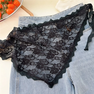 Detail of black lace triangle scarf featuring intricate floral patterns and scalloped edges