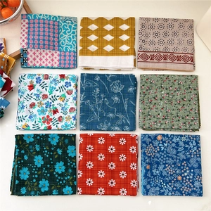 Set of 9 cotton linen square scarves with floral and geometric patterns for women
