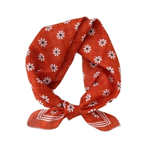 Orange linen cotton square scarf featuring white daisy prints and striped borders
