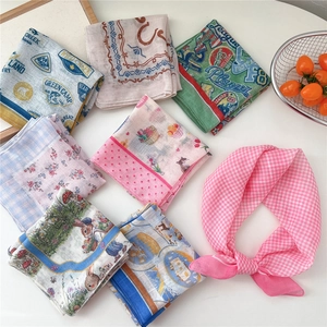 Women Square Scarf Vintage Floral Geometric Print Neckerchief Cotton Linen Feel Multifunctional Headband Hair Tie
