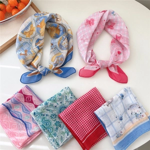 Assorted cotton linen square scarves with cartoon animal and floral prints for women