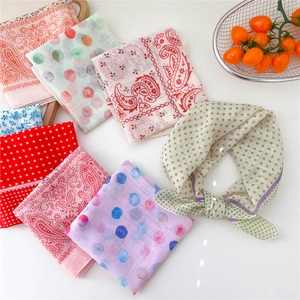 Cotton linen polka dot square scarf with floral and paisley patterns for women