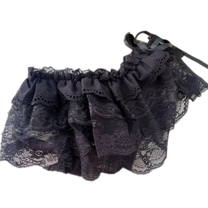 Black floral lace tiered mini skirt with satin ribbon tie in balletcore style
